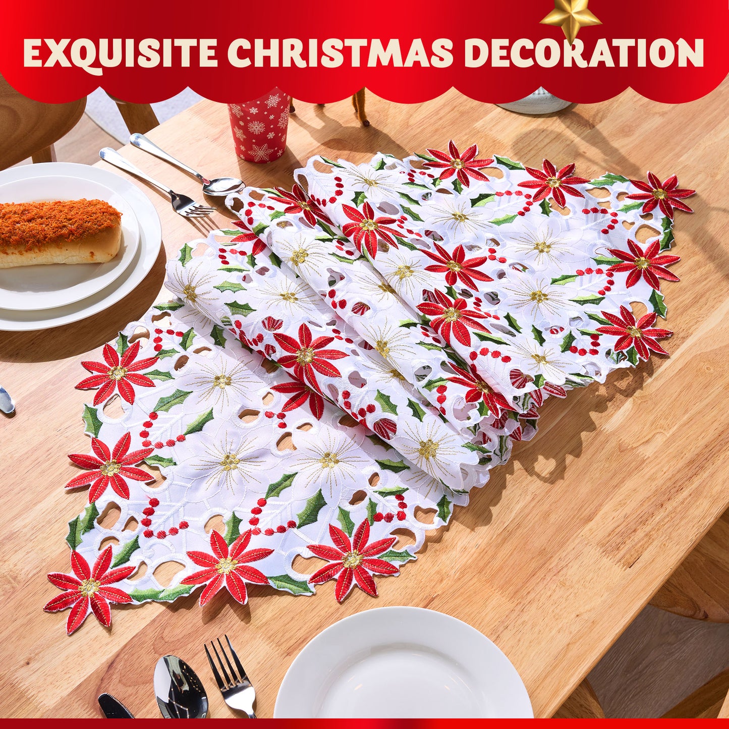 SYNCFUN Holly Leaf Embroidered Table Runner