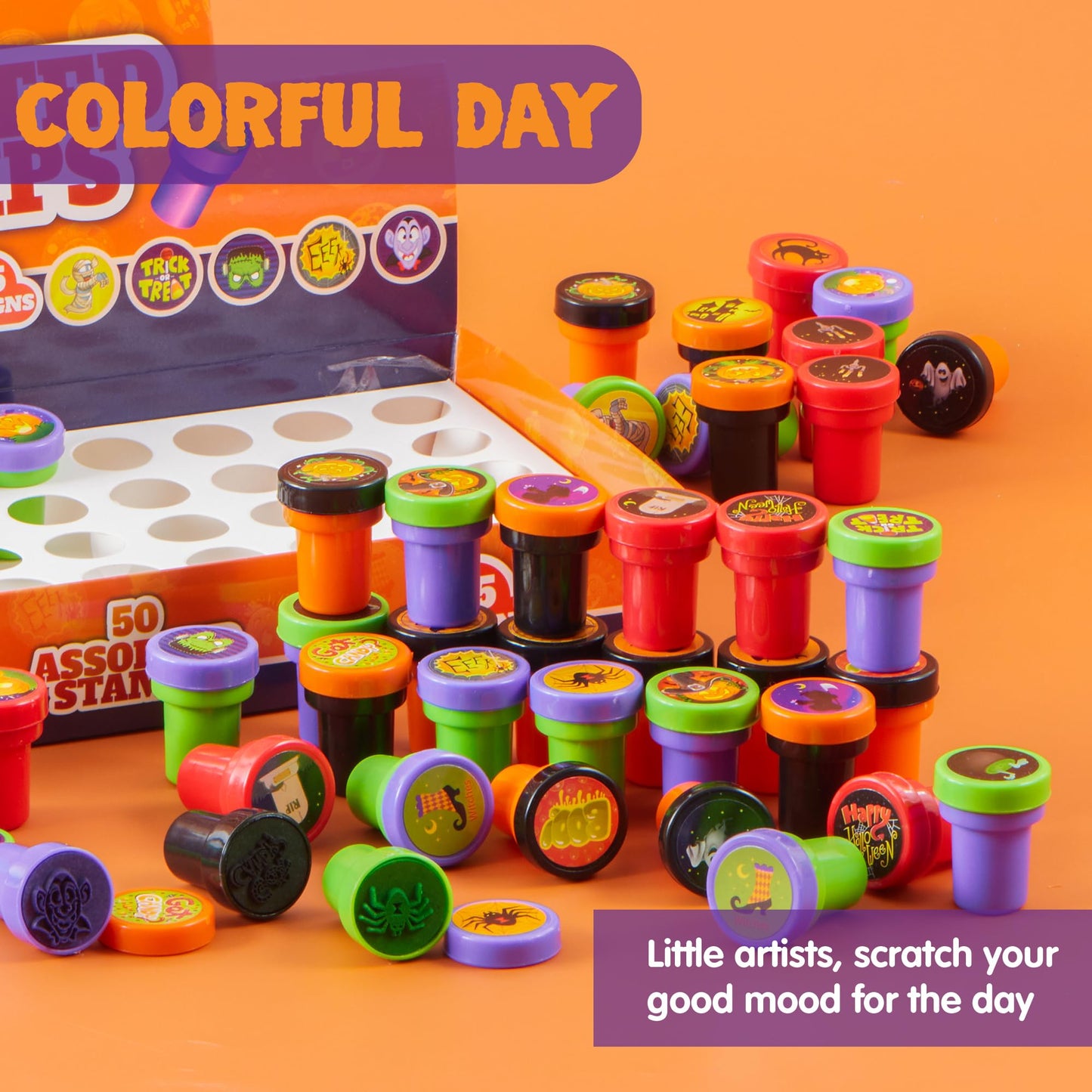 JOYIN 50 Pieces Halloween Assorted Stamps Kids Self Ink Stamps,25 Designs Plastic Stamps,Trick Or Treat Stamps,Spooky Stamps for Halloween Party Gifts,Game Prizes,Halloween Goodies Bags
