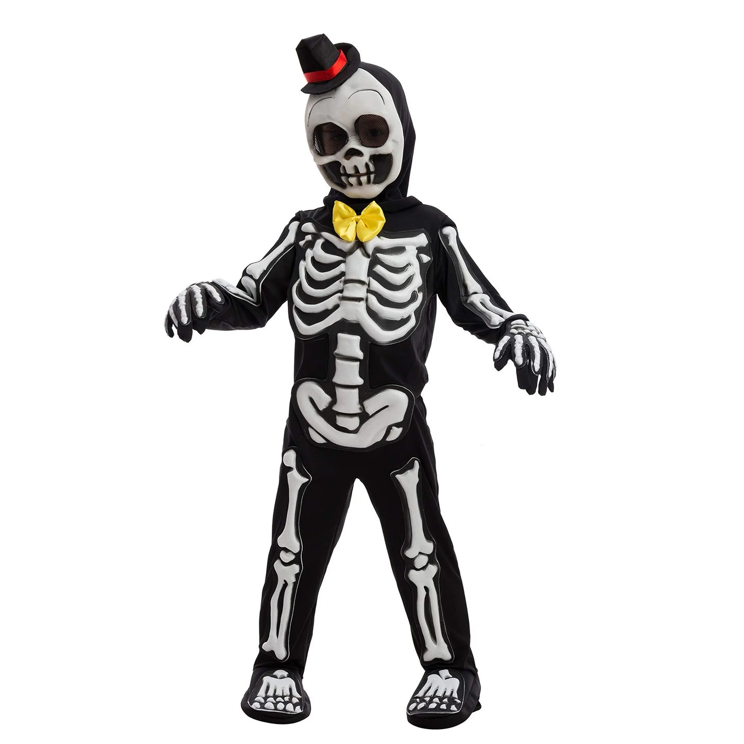 SYNCFUN Glows in the Dark Skeleton Costume for Kids, Black Skelebones Jumpsuit, Bone Halloween Costume Dress up