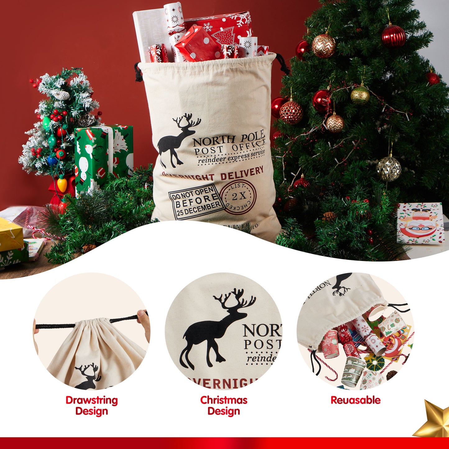 Joyfy Christmas Burlap Gift Bag 26" x 19", Extra Large Santa Sack with Drawstring for Xmas Presents Package Storage, Reusable Holiday Party Supplies Christmas Party Favors