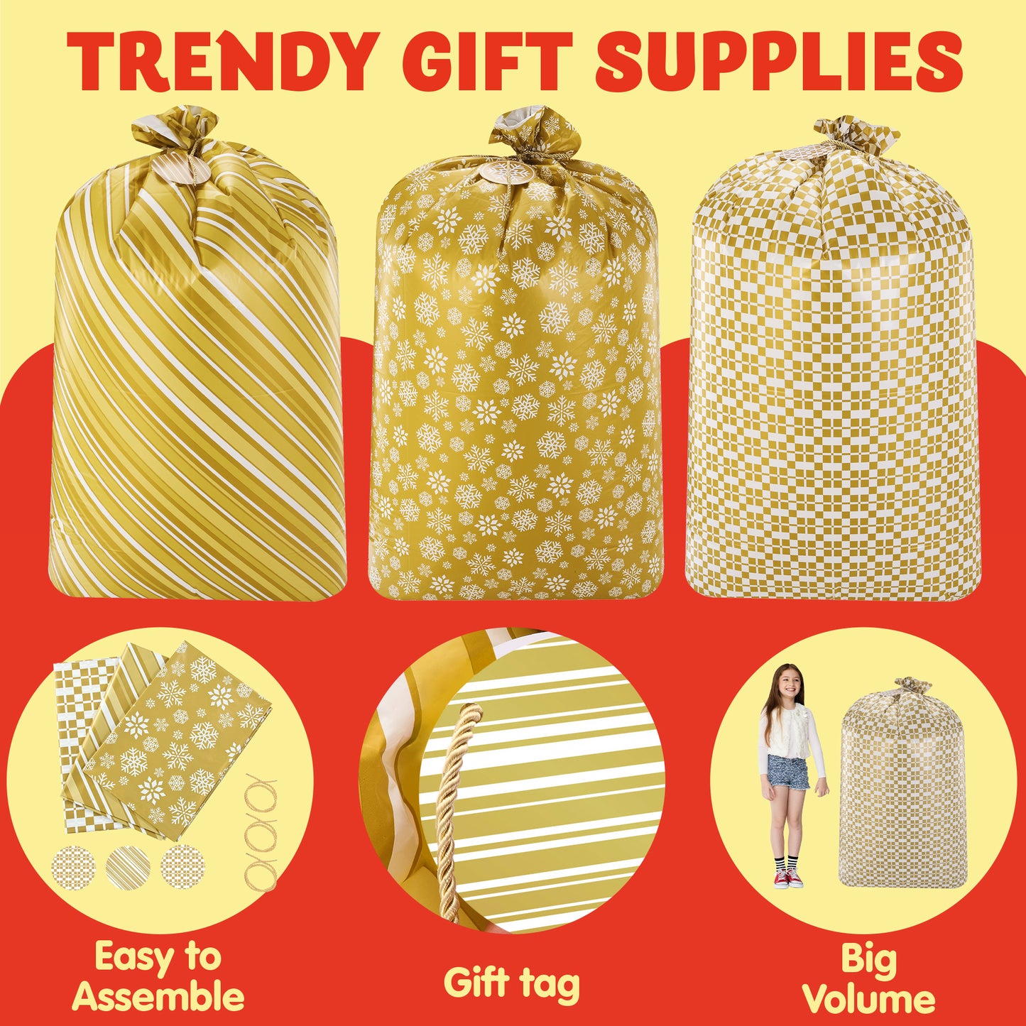 Joyfy 3 Pcs 56”x36”Jumbo Christmas Gift Bag Parties Gold for Xmas Large Holiday Plastic Gift Bag Christmas Decorations Carry-on Luggage Large Toys and Stuffed Animals