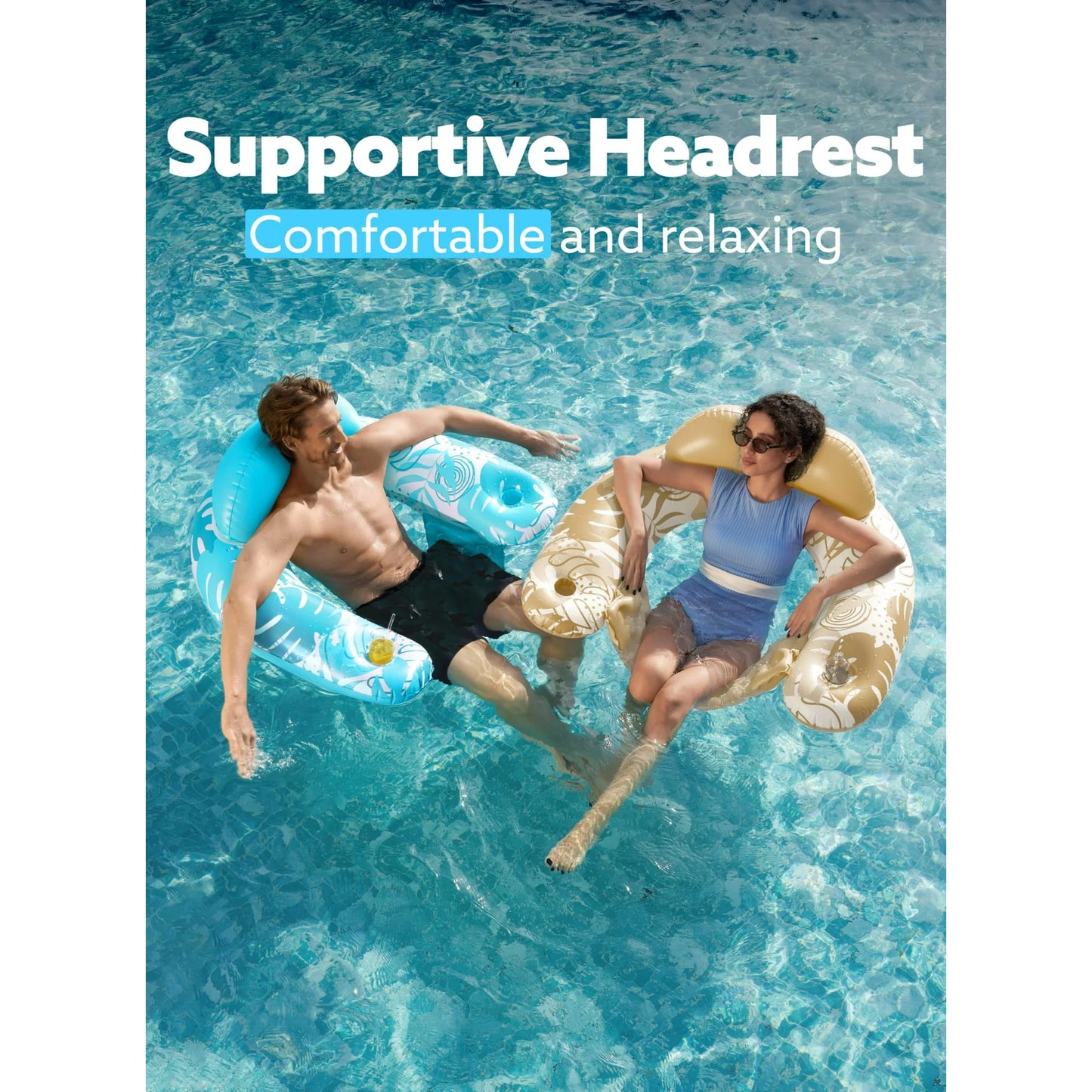 2 Packs Inflatable Pool Chair,Blow up Floating Pool Floats Chair ,Pool Party Toy for Summer (Blue, Champagne)