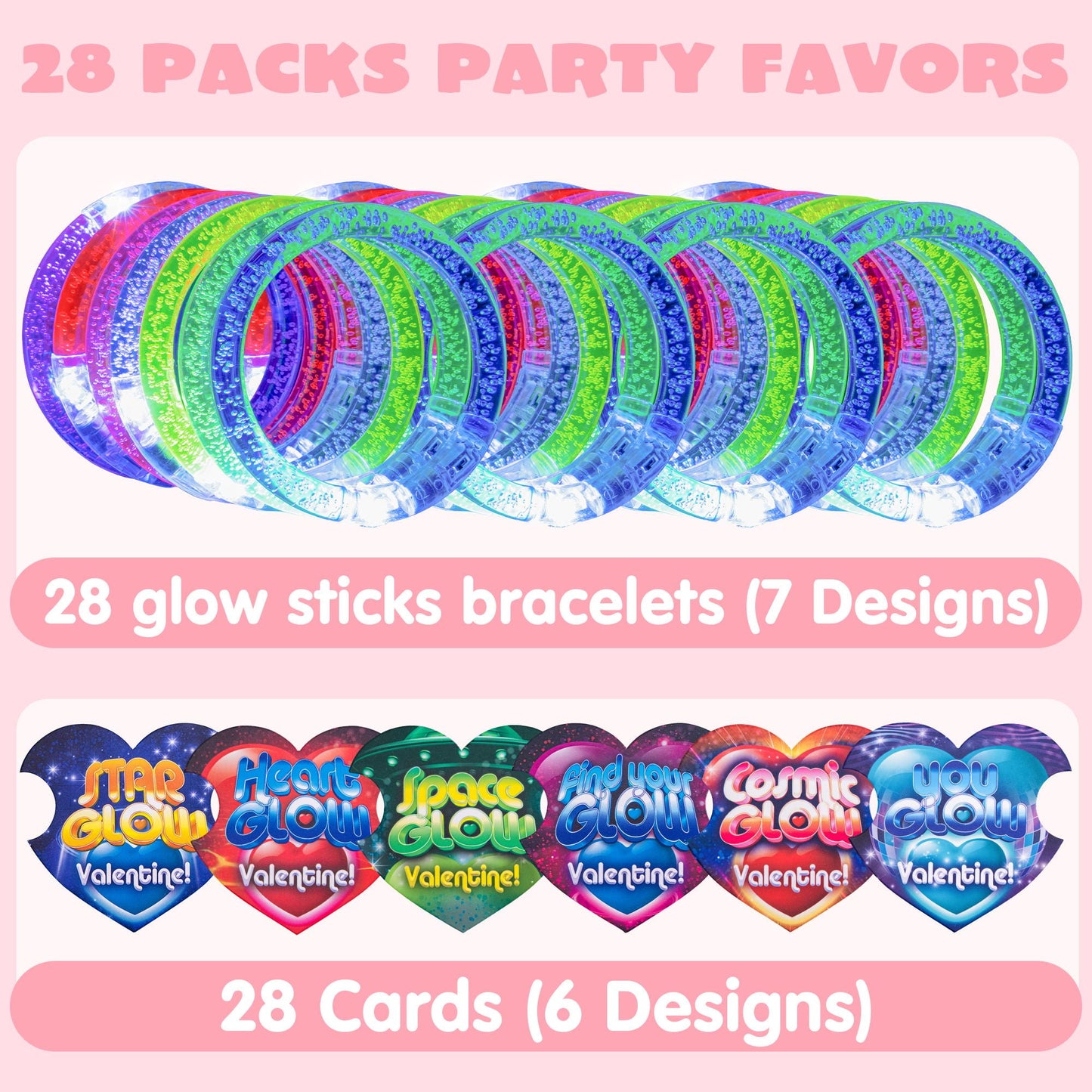 28 Packs Valentine's Day Gift Cards with Flashing LED Bracelets for Valentine Light Up Party Favor Toy, Valentine's Classroom Gift Exchange, Kids and Adults, Glow Accessories