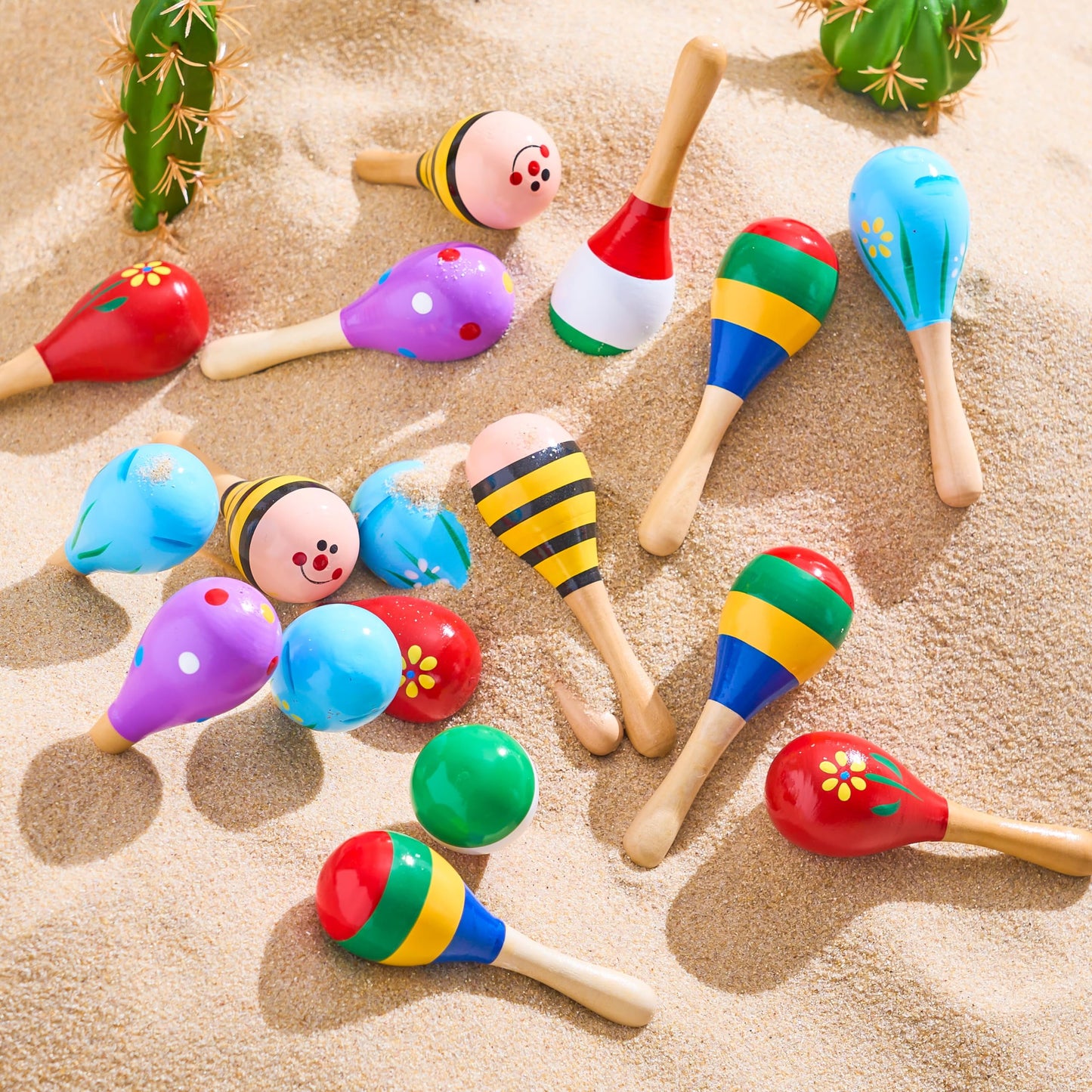 24 pieces of Cinco De Mayo children's mini wooden Malakas, carnival party gifts, and baby Malakas colored Malakas with wooden tambourines