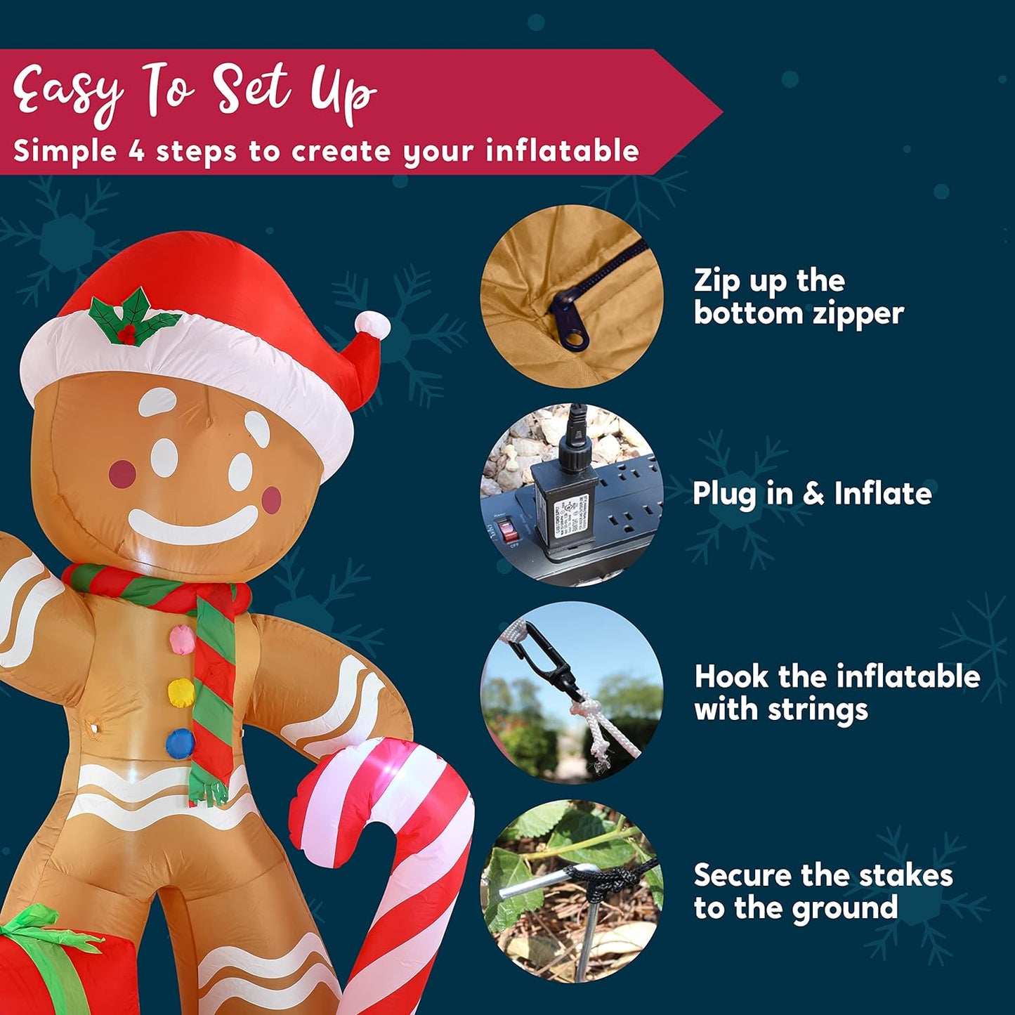 Joyfy 8 FT Christmas Inflatables Gingerbread Man Outdoor Decorations,Gingerbread Man with Candy Cane Blow Ups Yard with Built-in LEDs for Holiday Party Garden Lawn Decor