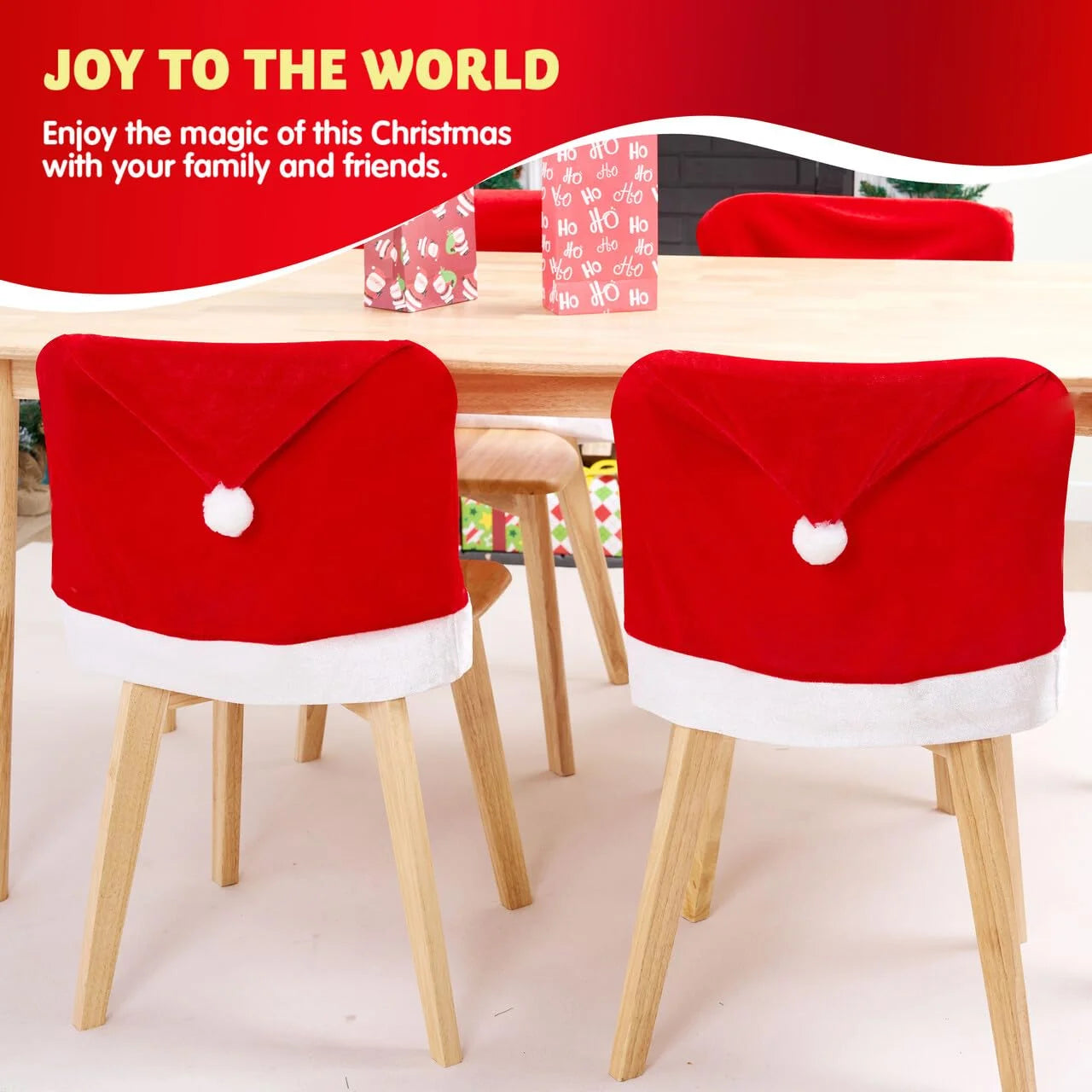 Joyfy 4 Pcs Christmas Chair Cover, Red Santa Hat Chair Slipcovers for Christmas Decoration