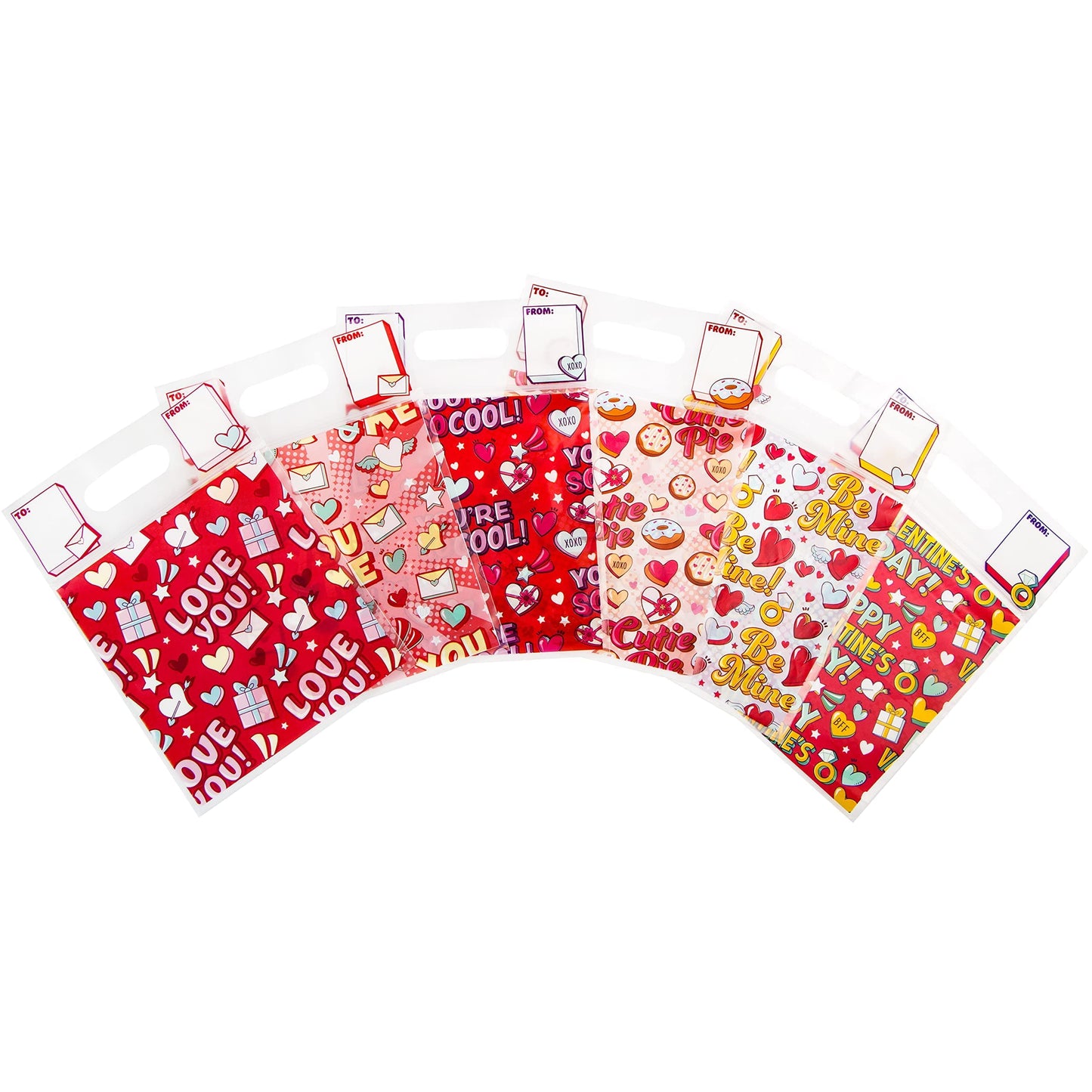 48 Pcs Valentine’s Day Sealing Gift Bag with Handles, Candy Bag with 6 Designs for Kids Party Favor, Classroom Exchange Prizes, Valentine’s Goodie Bags