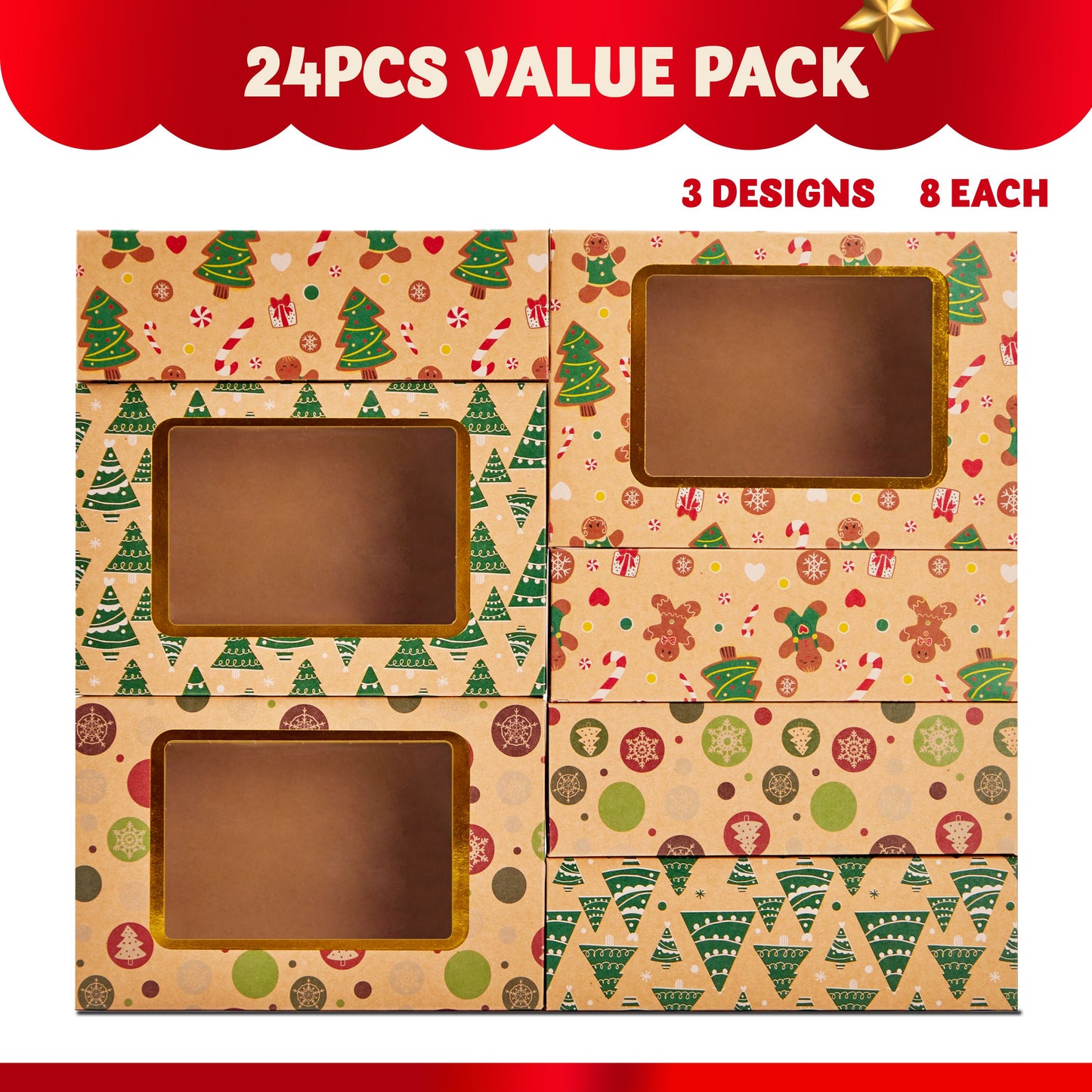 Joyfy 24 Pcs Christmas Foil Cookie Boxes with Window 8.75" x 5.75" x 2.75”Bakery Treat Gift Box for Pastries, Cupcakes, Cookies, Brownies, Donuts Gift Giving