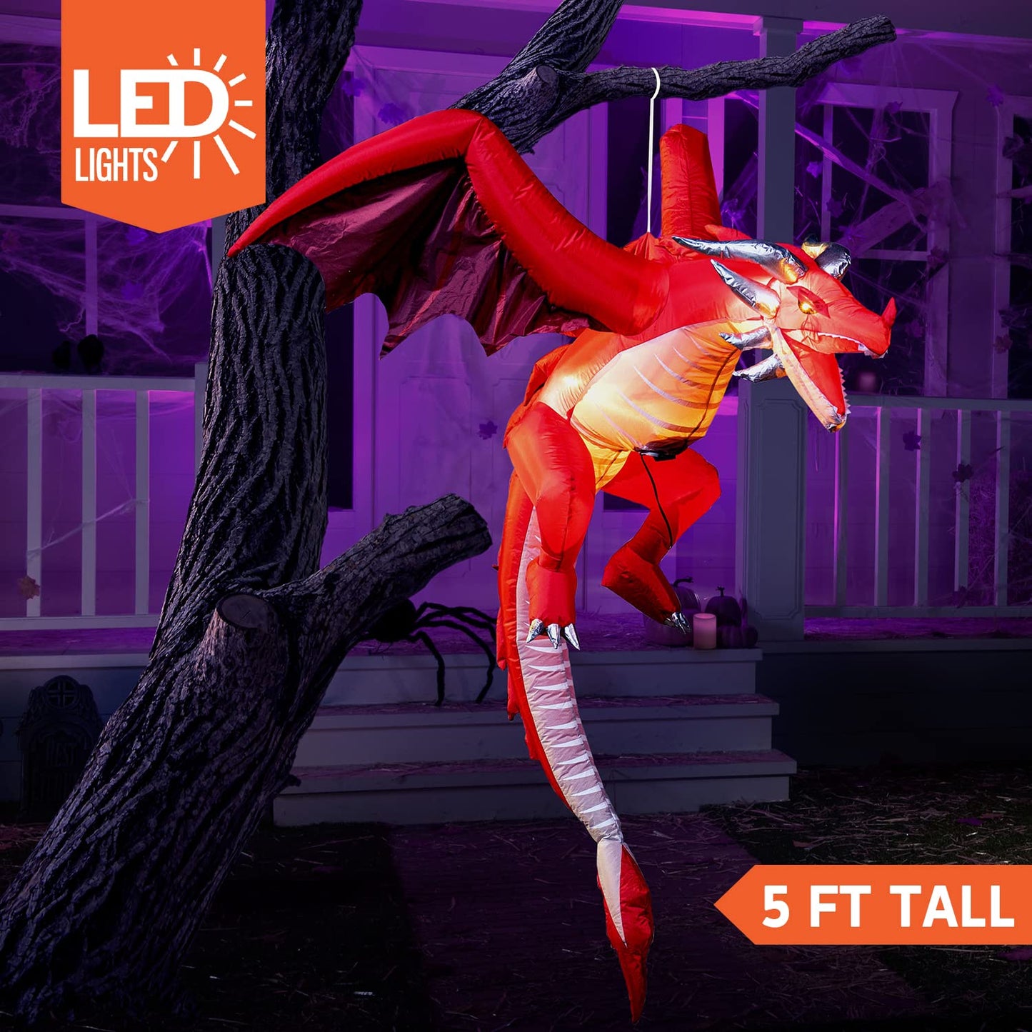 JOYIN 5 FT Halloween Inflatable Flying Dragon,Red Hanging Flying Dragon Inflatable Halloween Blow Up Yard Decorations Outside Decorations
