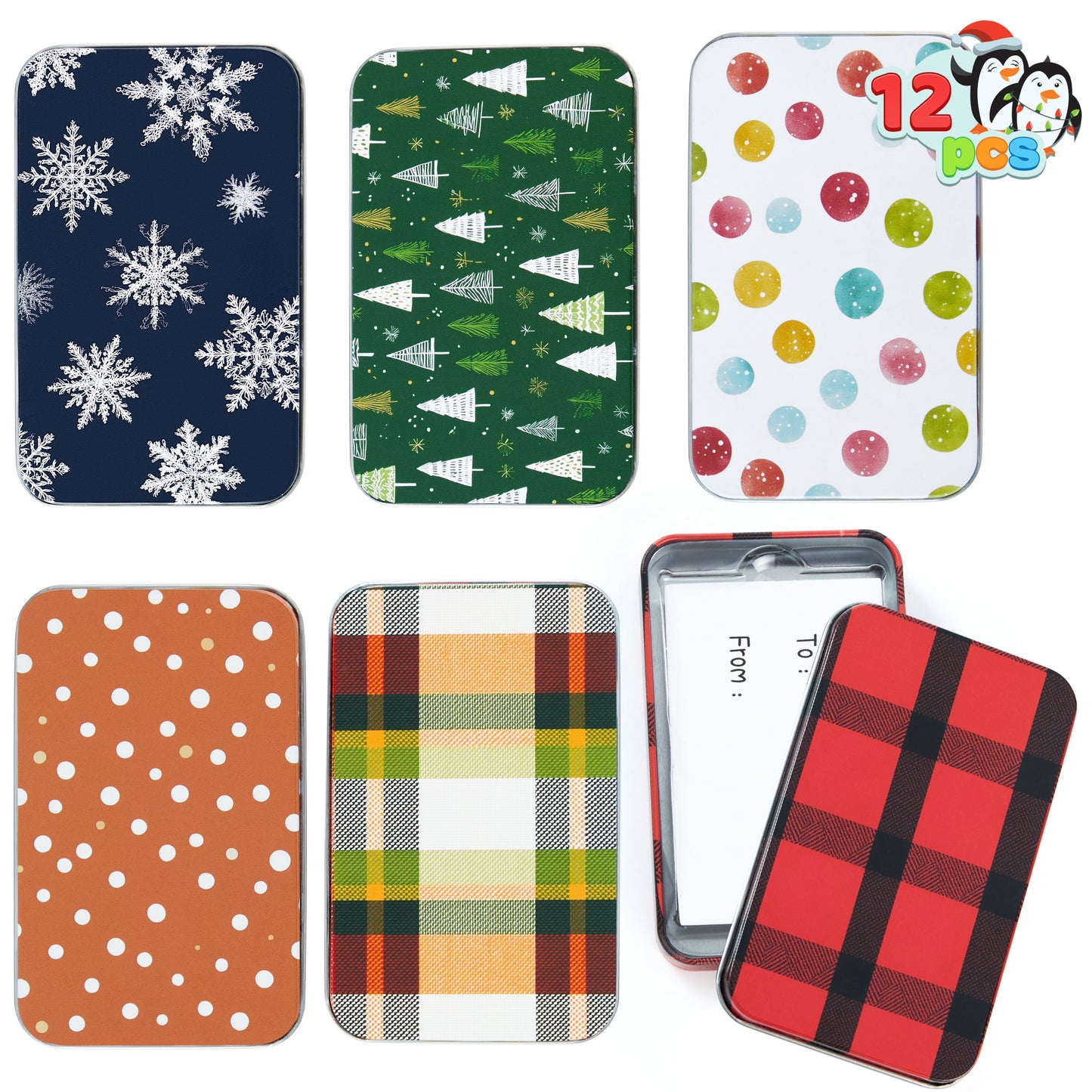 Joyfy 12 Pcs Gift Card Holder Boxes for Christmas, 6 Designs Tins Money Cash Holders for Xmas Holiday Birthday Present Decor, Party Favors Silver Coin Boxes with Lids