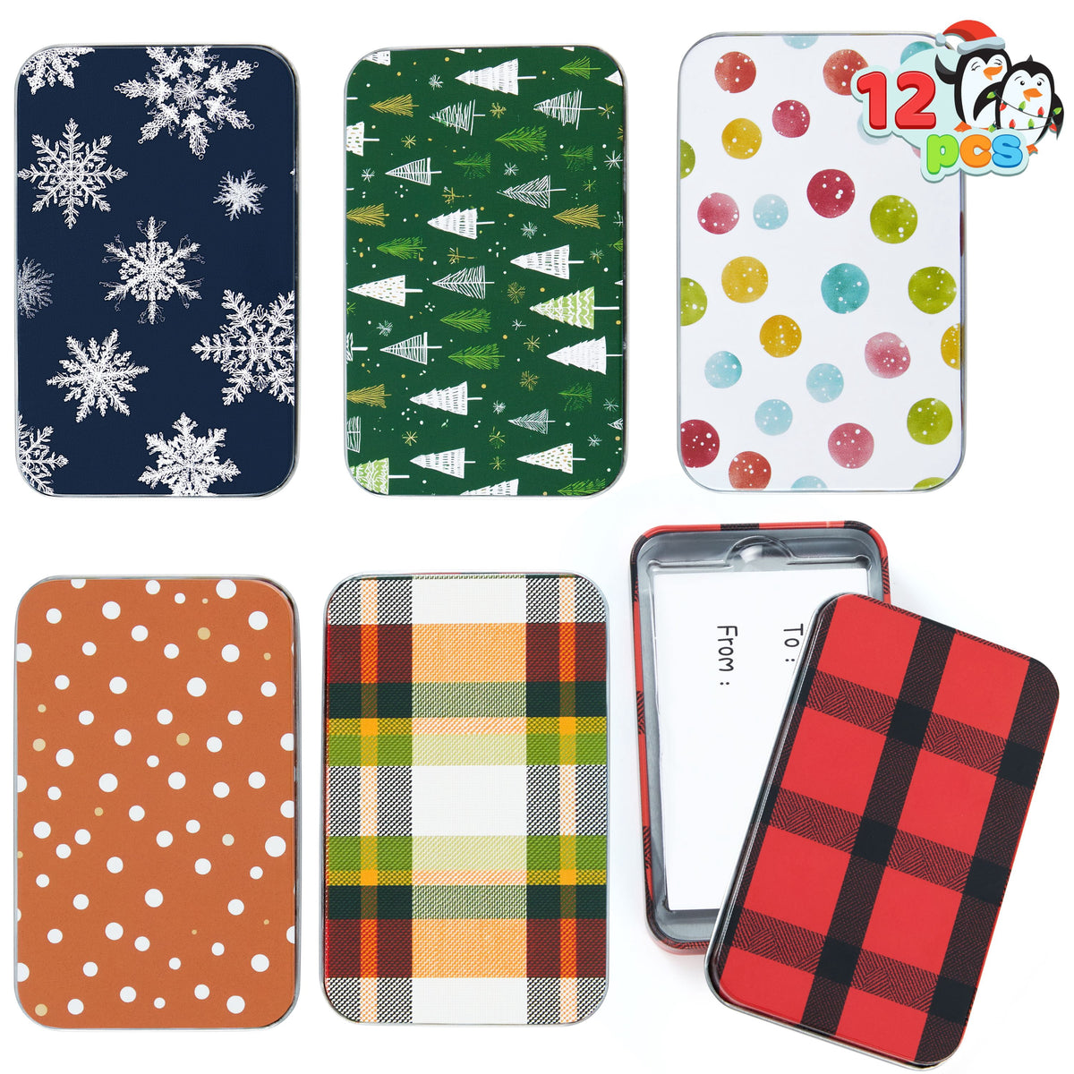 Joyfy 12 Pcs Gift Card Holder Boxes for Christmas, 6 Designs Tins Money Cash Holders for Xmas Holiday Birthday Present Decor, Party Favors Silver Coin Boxes with Lids
