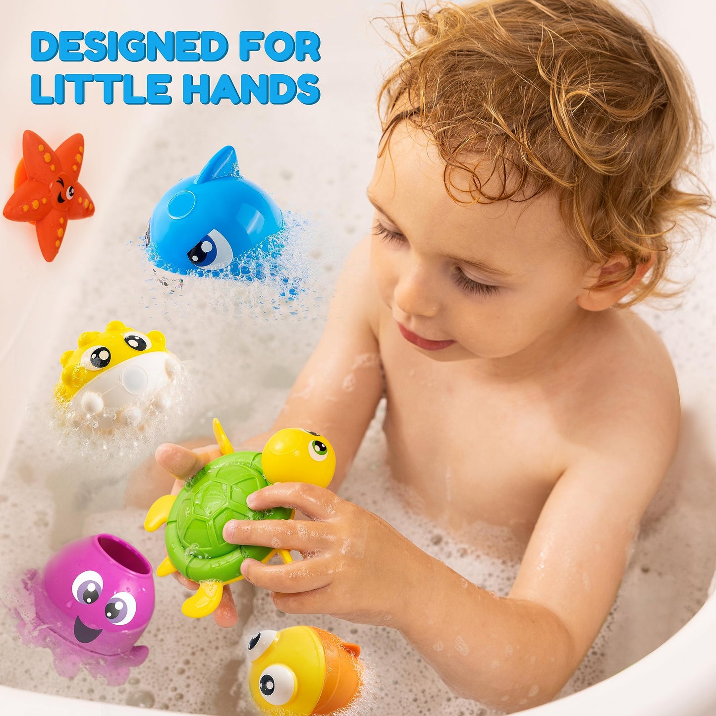 JOYIN Baby Bath Toy Set - Magnetic Fishing Toy with Fishing Rod, Wind-up Shark and Turtle, Mold-Free Soft Puffer & Clown Fish, Spinning Octopus and Starfish - Sensory Development for Infants & Toddler