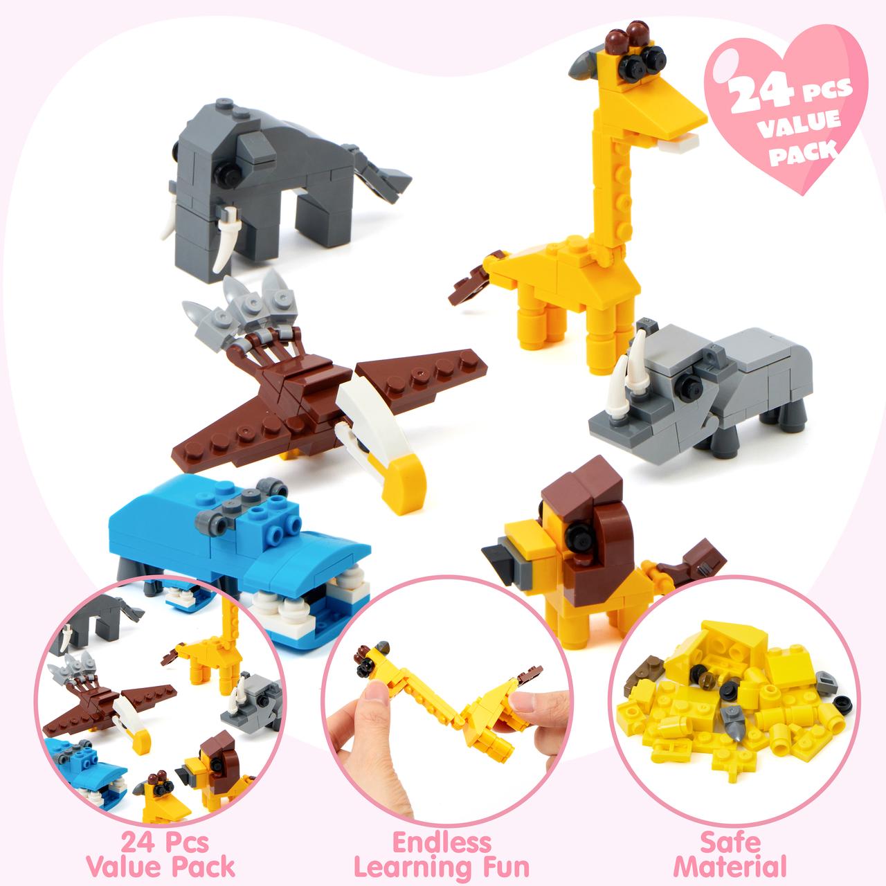 24 Packs Valentines Day Cards with Safari Animal Building Blocks for Valentine Party Favor, Classroom Exchange Prize, Valentine’s Greeting Cards