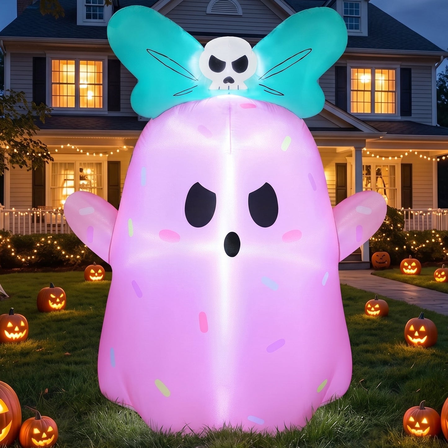Joyfy 5 ft Halloween Inflatable Ghost Outdoor Decorations,Cute Pink Ghost with Bowknot Blow Up Outdoor Garden Halloween Party Decorations
