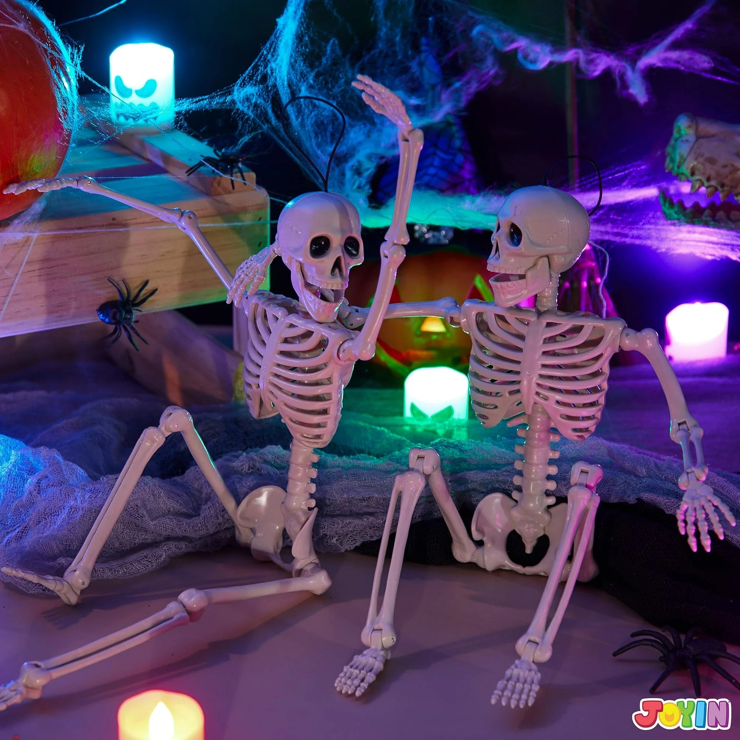 Joyfy 2 Pcs Halloween Skeleton Decorations,16 inch Poseable Skeleton with Movable Joints for Halloween Indoor Outdoor,Haunted House Accessories,White