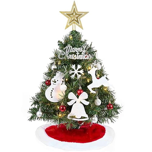 Joyfy 24"/2.4 FT Tabletop Small Christmas Tree with Lights, Prelit Artificial Mini Xmas Tree Set with Star and Ornaments for Party Decorations