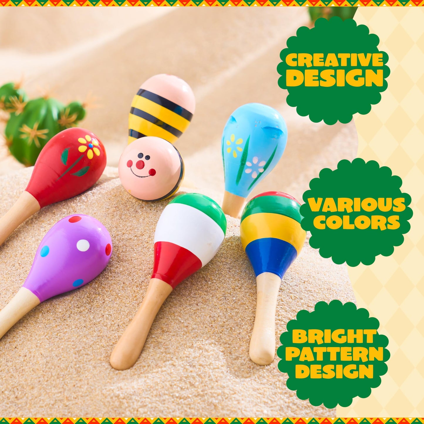 24 pieces of Cinco De Mayo children's mini wooden Malakas, carnival party gifts, and baby Malakas colored Malakas with wooden tambourines