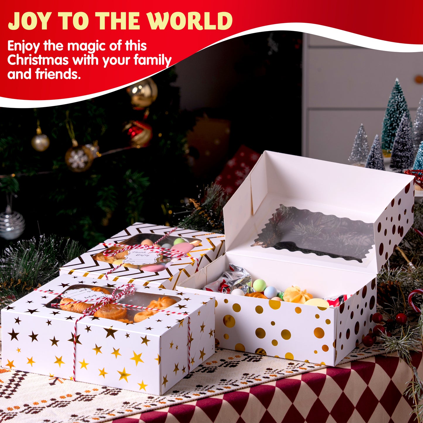 Joyfy 24 Pcs Christmas Cookie Boxes, Gold Foil Treat Boxes with Windows 9" x 6.2" x 3" Bakery Gift Wrapping Box for Xmas Holiday Party Favor Pastries, Cupcakes, Cookies, Donuts Gift-Giving