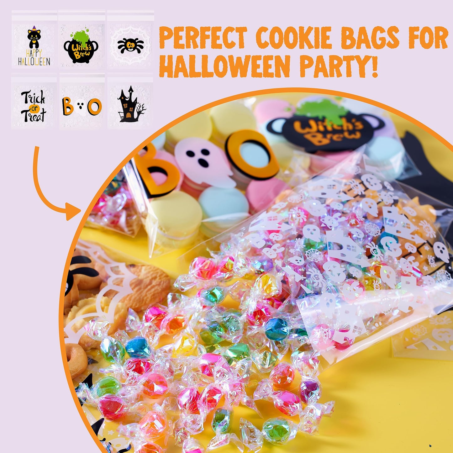 Joyfy 150 Pcs Halloween Treat Bags,Small Goodie Bags Clear Cookie and Candy Bags for Kids Trick or Treating,Cellophane Bags Halloween Party Supplies