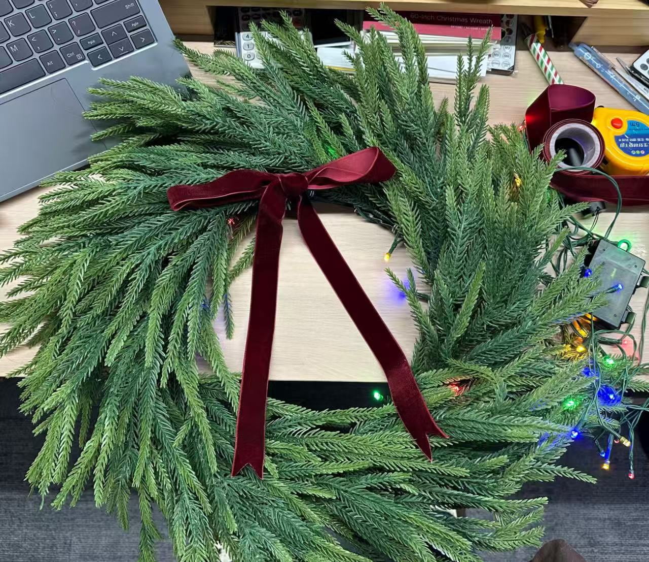 Joyfy 24¡± Christmas Wreath Prelit with 15¡± Hanger and LED Lights, Red Berries, Pine Cones Glitter Pine Needles for Front Door Decoration and Indoor Outdoor Christmas Decorations