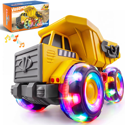 Vroomix Kids Dump Truck Construction Vehicle, Realistic Sound Effects & Glowing LED Wheels, Tough Plastic Sand Toy for Beach Indoor Outdoor Use, Perfect Toddler Gift Boys Girls Ages 18M+