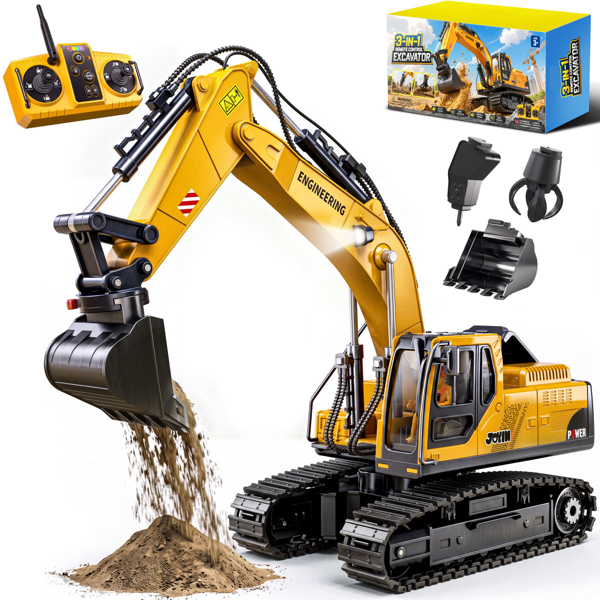 Joyfy 3-in-1 RC Excavator Construction Toy for Kids, 11 Channel Precise Control for Outdoor Play Sandbox Digger Toys, 680° Rotatable Cab, Christmas & Birthday Gifts for Kids 3-8-12