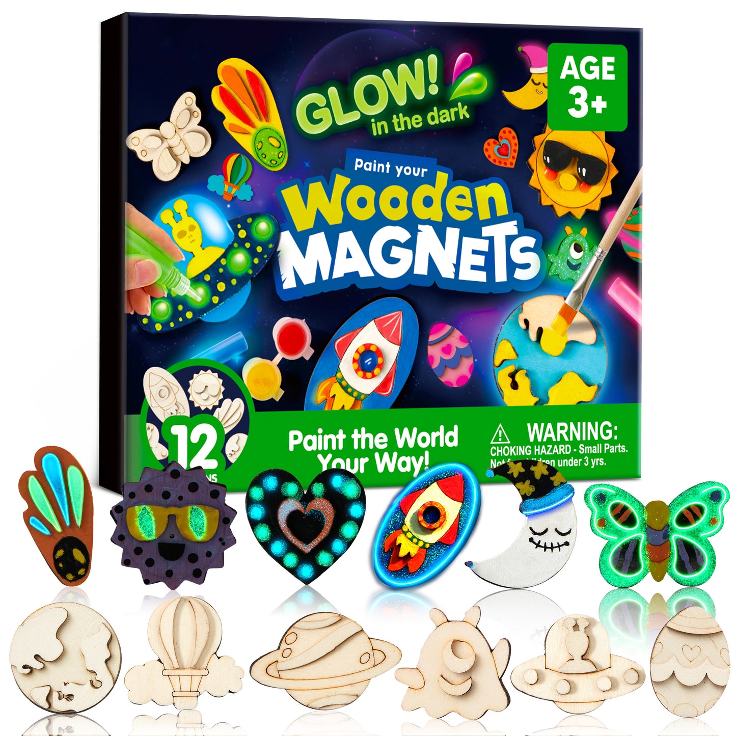 Joyfy 12 Pcs Wooden Magnets Painting Art & Craft for Kids, Glow in The Dark Painting Kit, Halloween Crafts Christmas Gift, Party Favors for Boys Girls Ages 3+