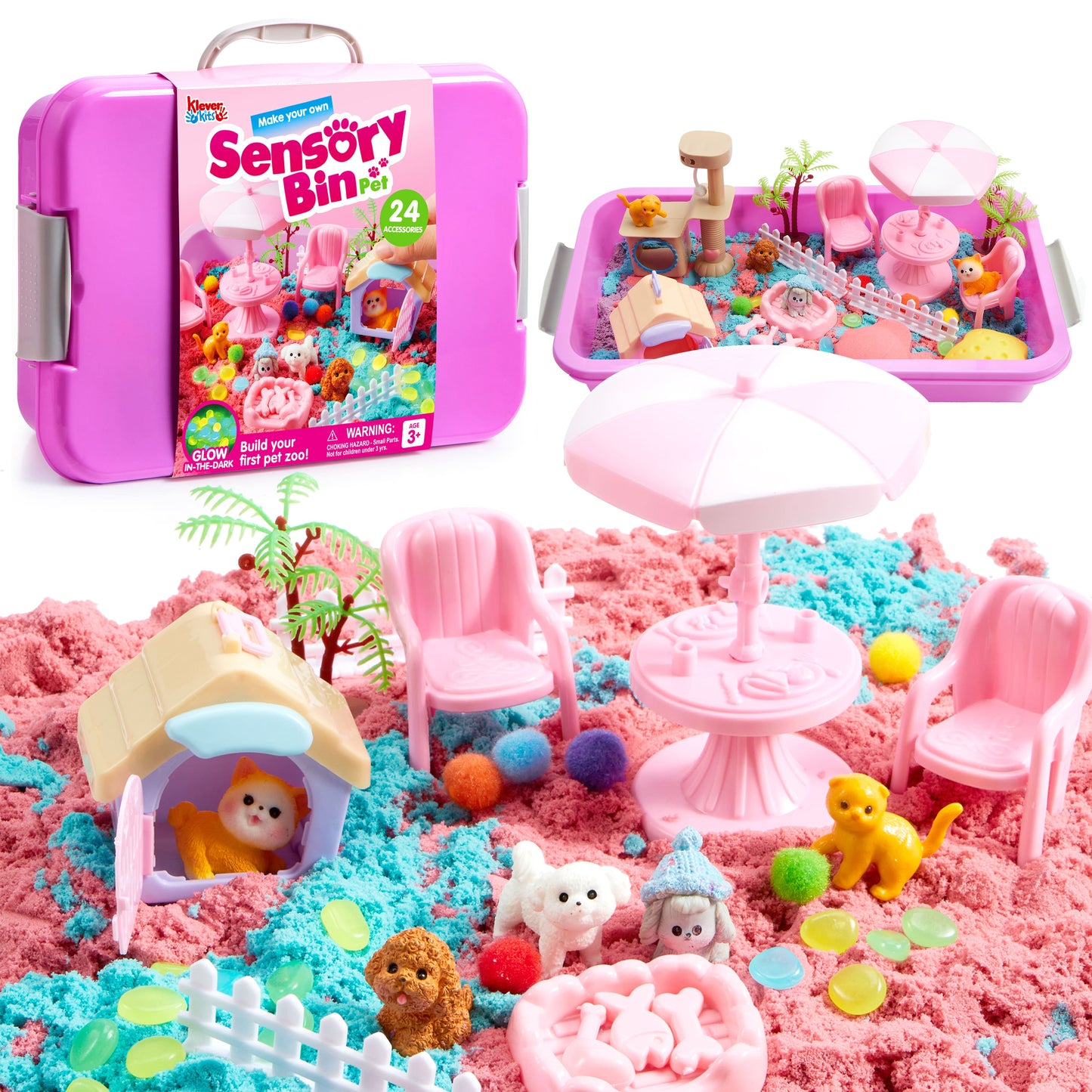 Klever Kits Pet Themed Sensory Bin with Glow-in-The-Dark Stones Lid Dual-Color Sand, Play Sand Toy Preschool Learning Gifts for Boys Girls Age 3+