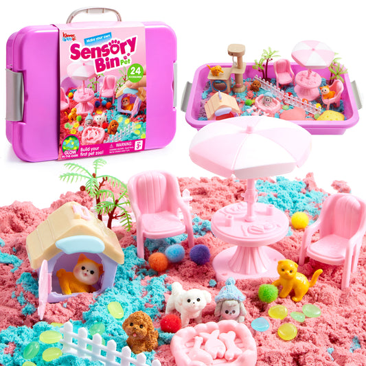 Klever Kits Pet Themed Sensory Bin with Glow-in-The-Dark Stones Lid Dual-Color Sand, Play Sand Toy Preschool Learning Gifts for Boys Girls Age 3+