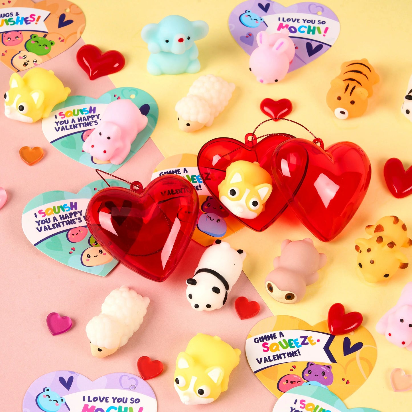 30 Packs Valentine’s Day Heart Gift Cards with Mix Critter Mochi Squishy Toys and Heart Shells, Stress Relief Fidget Toys, Squeeze Toys for Kids Valentine‘s Party Favors and Classroom Exchange