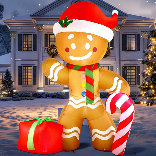 Joyfy 8 FT Christmas Inflatables Gingerbread Man Outdoor Decorations,Gingerbread Man with Candy Cane Blow Ups Yard with Built-in LEDs for Holiday Party Garden Lawn Decor