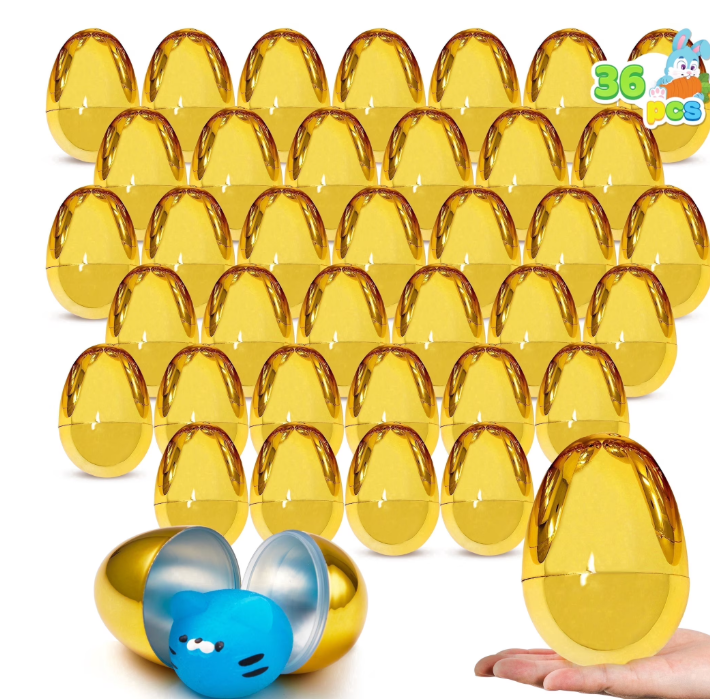 Joyfy 36 PCS Gold Easter Eggs 2.3 Metallic Plastic Empty Golden Eggs Fillable for Easter Hunt, Filling Treats, Party Favor, Basket Stuffers, Classroom Prize Supplies