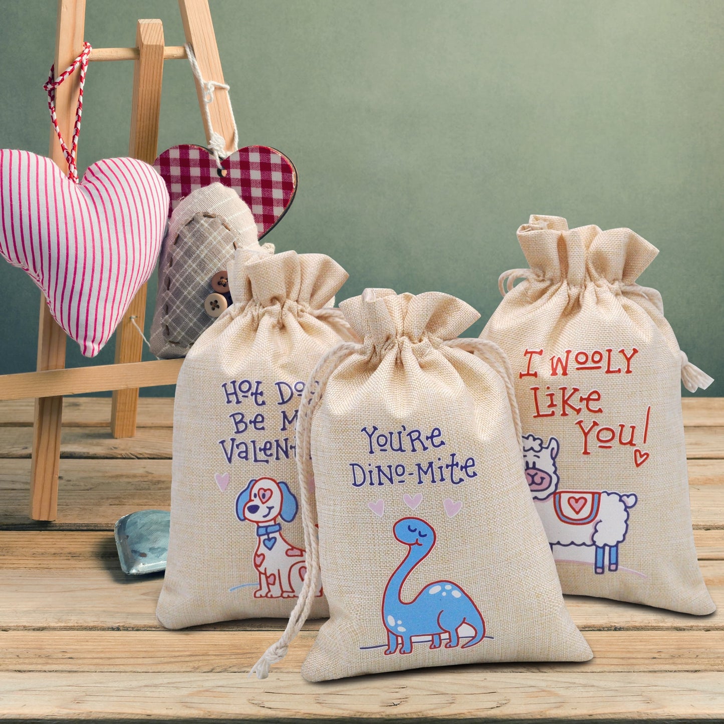 28 Pcs Valentine Drawstrings Canvas Bags with 3 Pens, 4x5.75 Inch Drawstring Pouch Candy Gift Linen Pockets for Kids Party Favor, Classroom Exchange Prizes