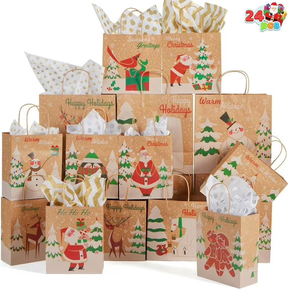 Joyfy 24 Pcs Christmas Kraft Paper Bags Treat Candy Bags 3 Assorted Sizes with Handle for Xmas Party Supplies, Wrapping Christmas Holiday Presents