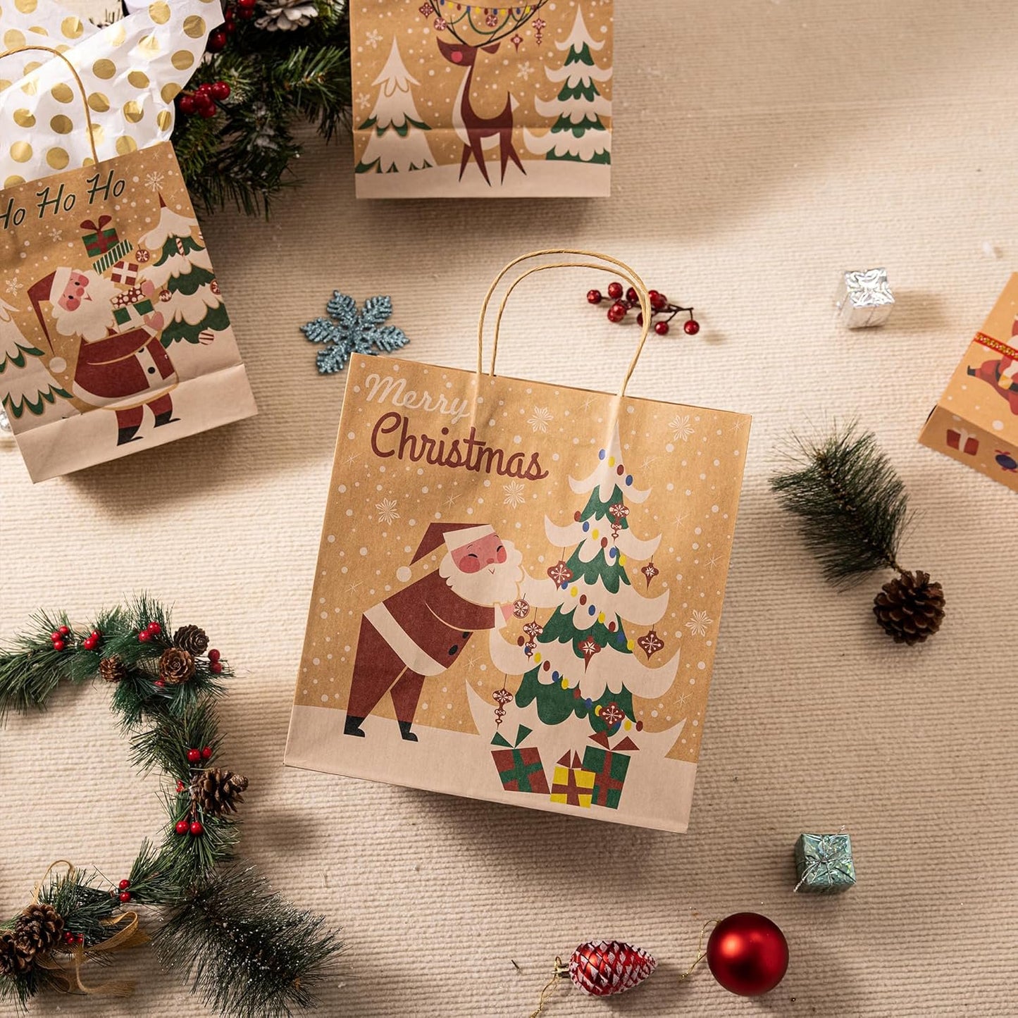 Joyfy 24 Pcs Christmas Kraft Paper Bags Treat Candy Bags 3 Assorted Sizes with Handle for Xmas Party Supplies, Wrapping Christmas Holiday Presents