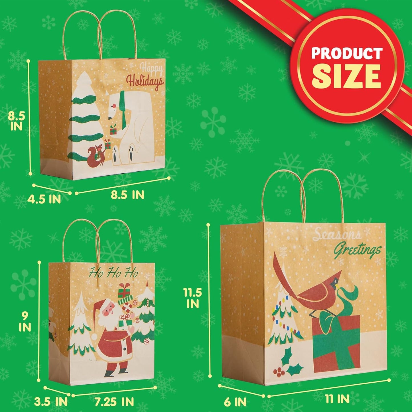 Joyfy 24 Pcs Christmas Kraft Paper Bags Treat Candy Bags 3 Assorted Sizes with Handle for Xmas Party Supplies, Wrapping Christmas Holiday Presents