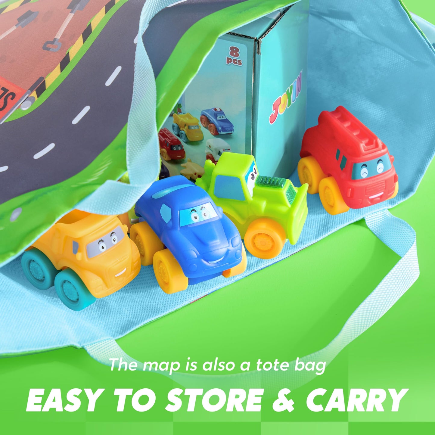 SYNCFUN 8 PCS Toy Cars for Toddlers, Rubber Cartoon Cars with Play Mat, Mini Bath Toy Car for Toddlers, Toddler Boy Toys Birthday Gift, Party Favors for Kids Toddlers 2 3+ Year Old
