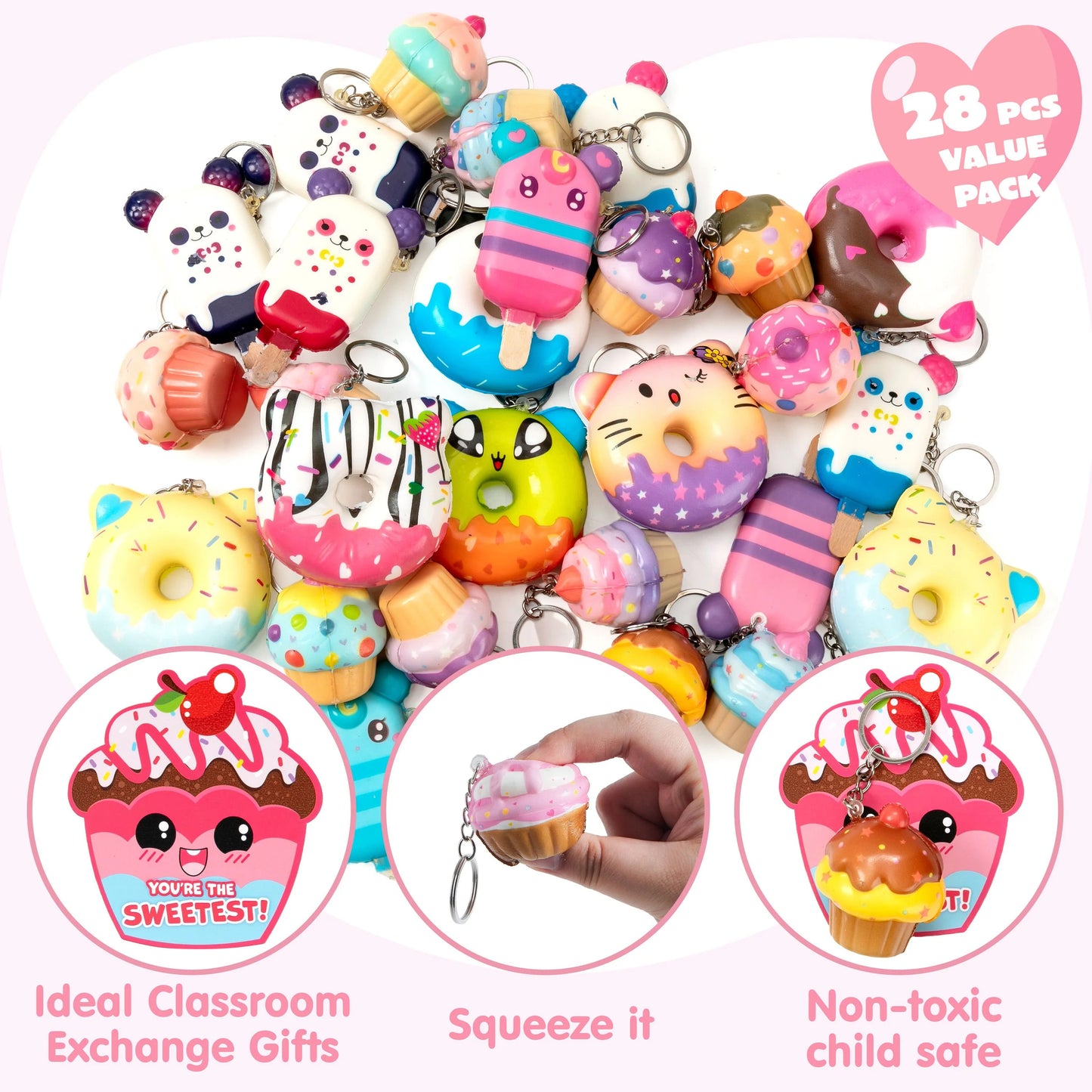 28 Packs Dessert Squishy Toys Stress Relief Keychains with Cards for Classroom Exchange Prizes, Fidget Toy Valentine’s Greeting Cards, Valentine Party Favors, Valentine Exchange Gifts