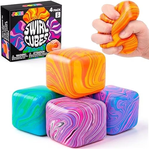 Joyfy 4Pack Swirl Cube Squishy Toys, Colorful Sensory Fidget Stress Relief Toys, Squeeze Cubes for Kids Adults, Classroom Rewards, Party Favor Gifts