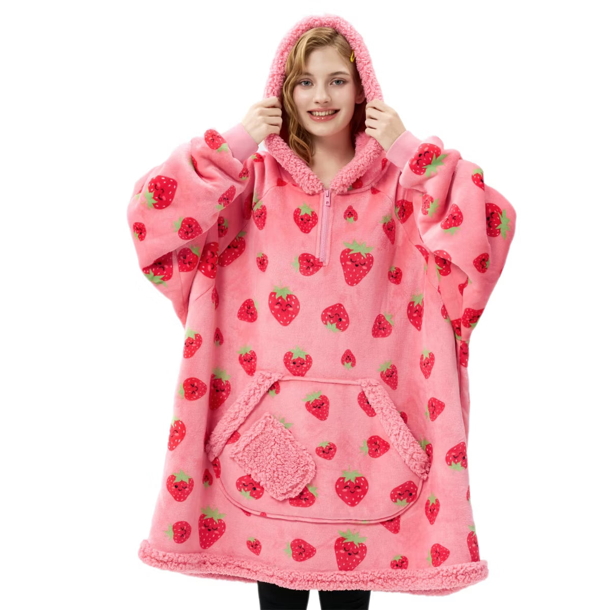 Joyfy Wearable Blanket Hoodie for Women Teen Girls Birthday Christmas Gifts Mom Wife, Flannel Fleece Hooded Robe with Pocket & Sleeves Pink Strawberry