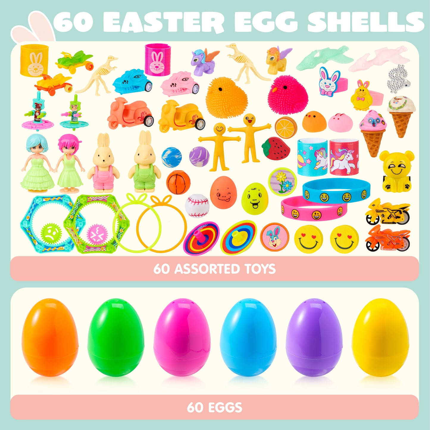 Joyfy 60 Packs Prefilled Easter Eggs with Assorted Toys,2.4" Easter Egg Bulk for Kids,Easter Eggs Hunt Events,Basket Stuffers Fillers,Classroom Prize Supplies