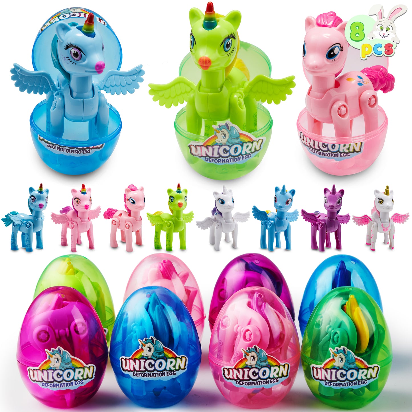 SYNCFUN 8 Pcs Easter Basket Stuffers with Unicorn Deformation Toys,3.5" Easter Exchange Toy for Girls Toddlers Kids,Classroom Prize Supplies,Birthday Gifts