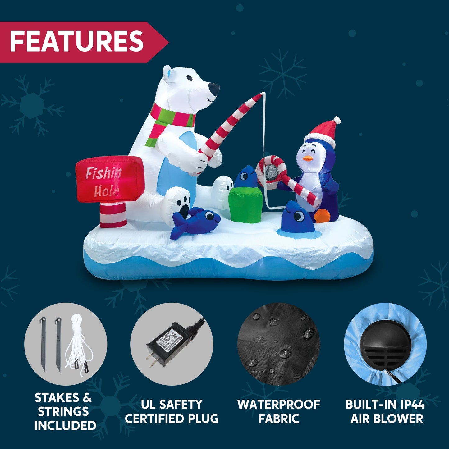 Joyfy 6 ft Christmas Inflatables Polar Bear Fishing with Penguin Outdoor Decorations,Christmas Blow Ups Yard with Built-in LEDs for Holiday Party Garden Lawn Decor