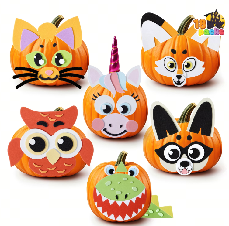 Joyfy 18 Packs Halloween Craft Foam Pumpkin Stickers in 6 Designs, Arts Activities Party Supplies, Kids Party Favors, Pumpkin Decorating Kit,Jack O Lantern Face Stickers, Pumpkin Decor School Games