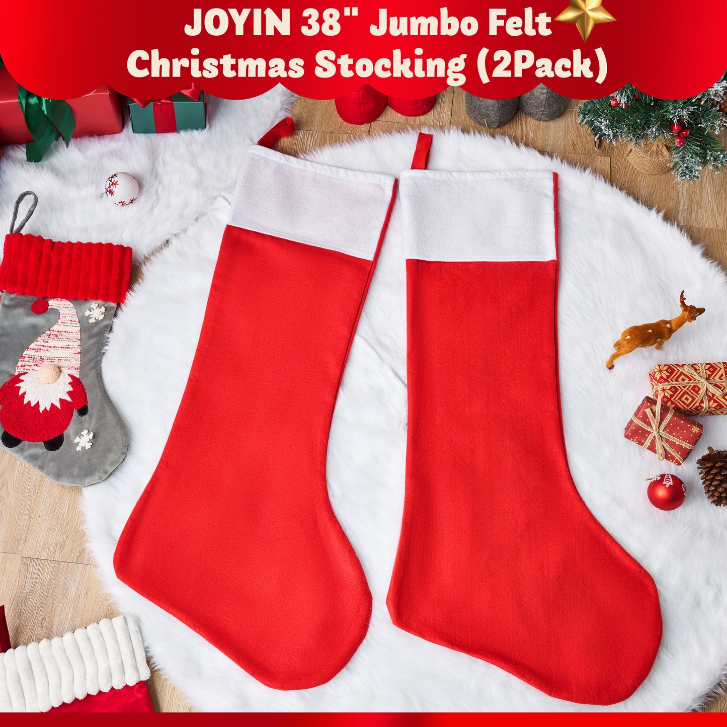 Joyfy 2 Pcs 38" Jumbo Felt Christmas Stockings, Giant Christmas Stocking Large Christmas Stocking for Family Holiday Season Decorations