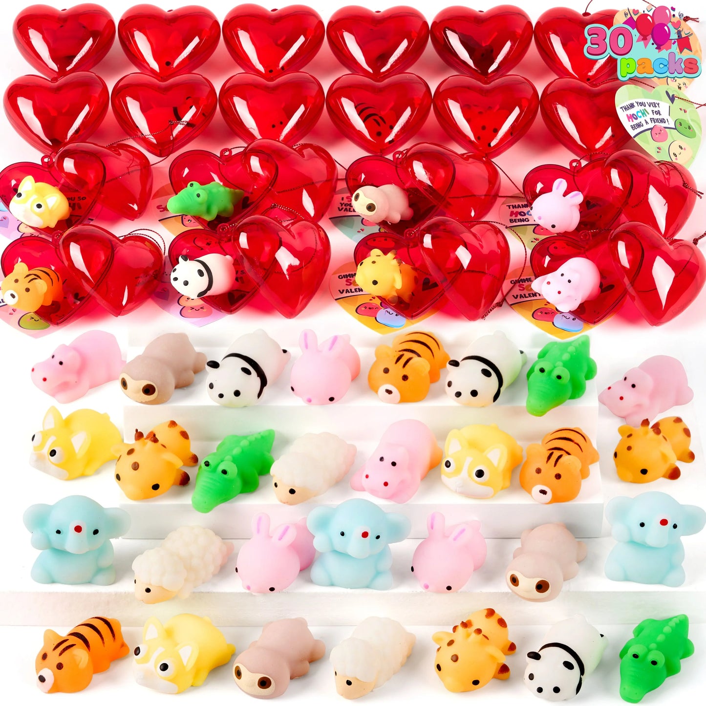 30 Packs Valentine’s Day Heart Gift Cards with Mix Critter Mochi Squishy Toys and Heart Shells, Stress Relief Fidget Toys, Squeeze Toys for Kids Valentine‘s Party Favors and Classroom Exchange