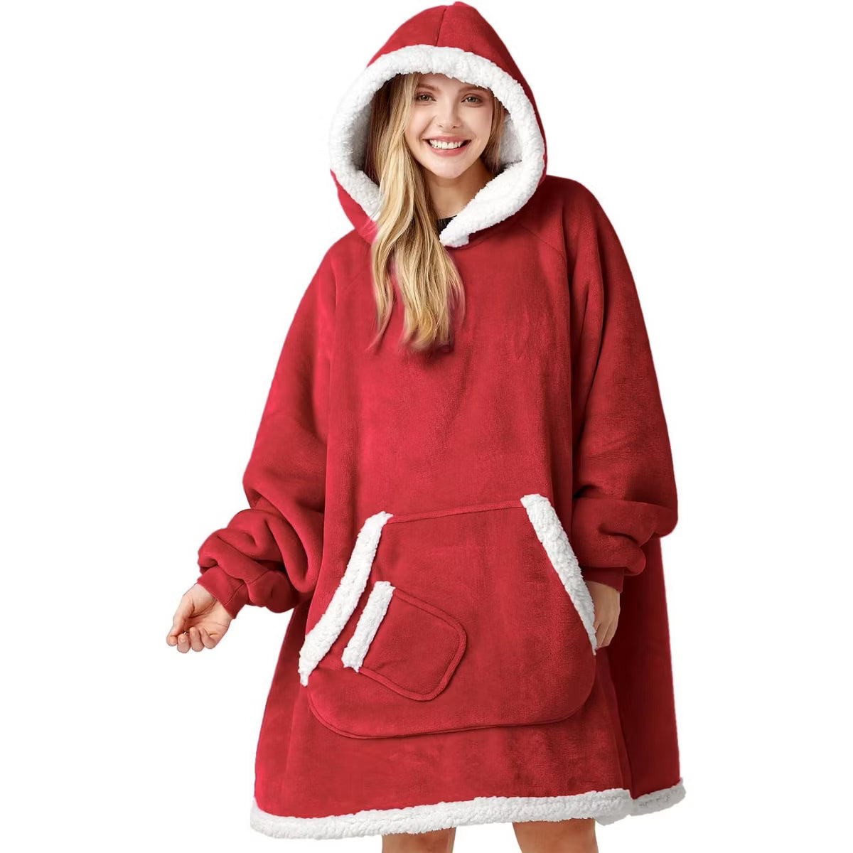 Joyfy Wearable Blanket Hoodie for Women Teen Girls Birthday Christmas Gifts Mom Wife, Flannel Fleece Hooded Robe with Pocket & Sleeves Standard Red