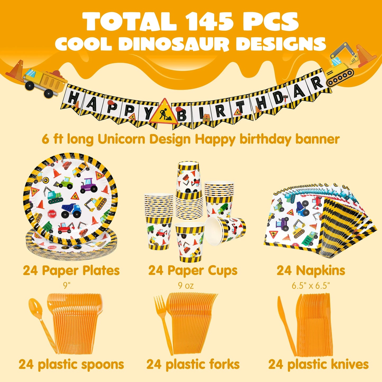 Syncfun 145 Pcs Kids Birthday Party Supplies with Truck Banner 24 Serves Disposable Tableware Set with Plates, Cups, Napkins & Cutlery, Construction Theme Party Decoration for Boys