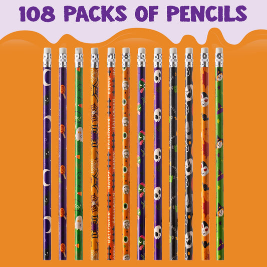 JOYIN 108 PCS Halloween Pencil Assortment with Eraser in 12 Design, Assorted Colorful Wood Pencils Halloween Themed Stationery Pencil Set for Kids Halloween Party Favor Supplies Halloween Prize