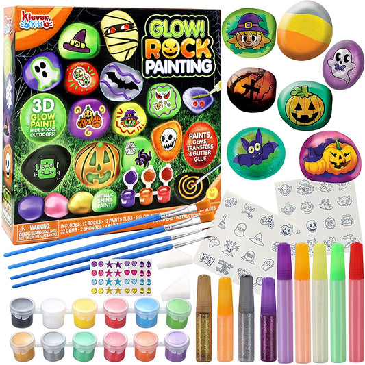 12 Halloween Rock Painting Kit, Glow in the Dark Rock Painting with 12 Paint Tubs for Kids Unisex